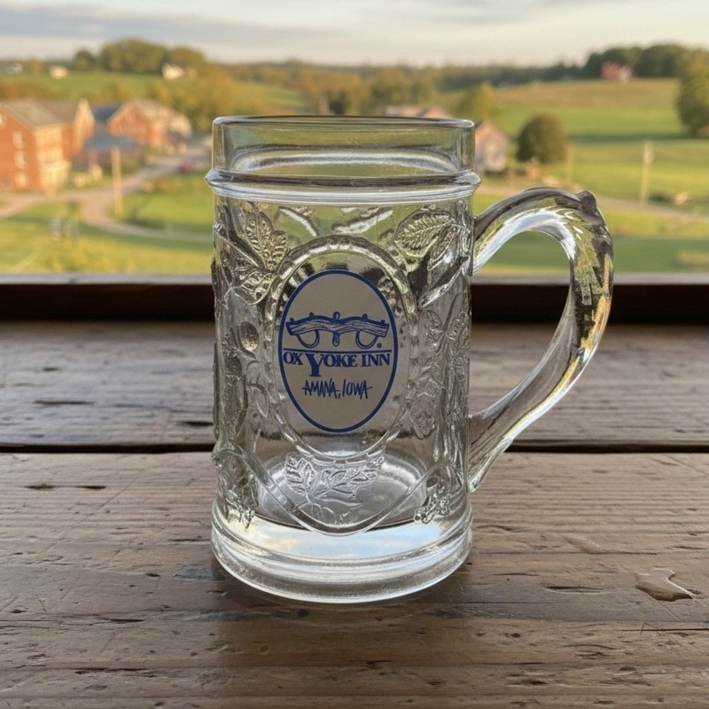 Ox Yoke Inn Embossed Glass Mug, Vintage Amana Iowa Souvenir, Pine Cones & Branch